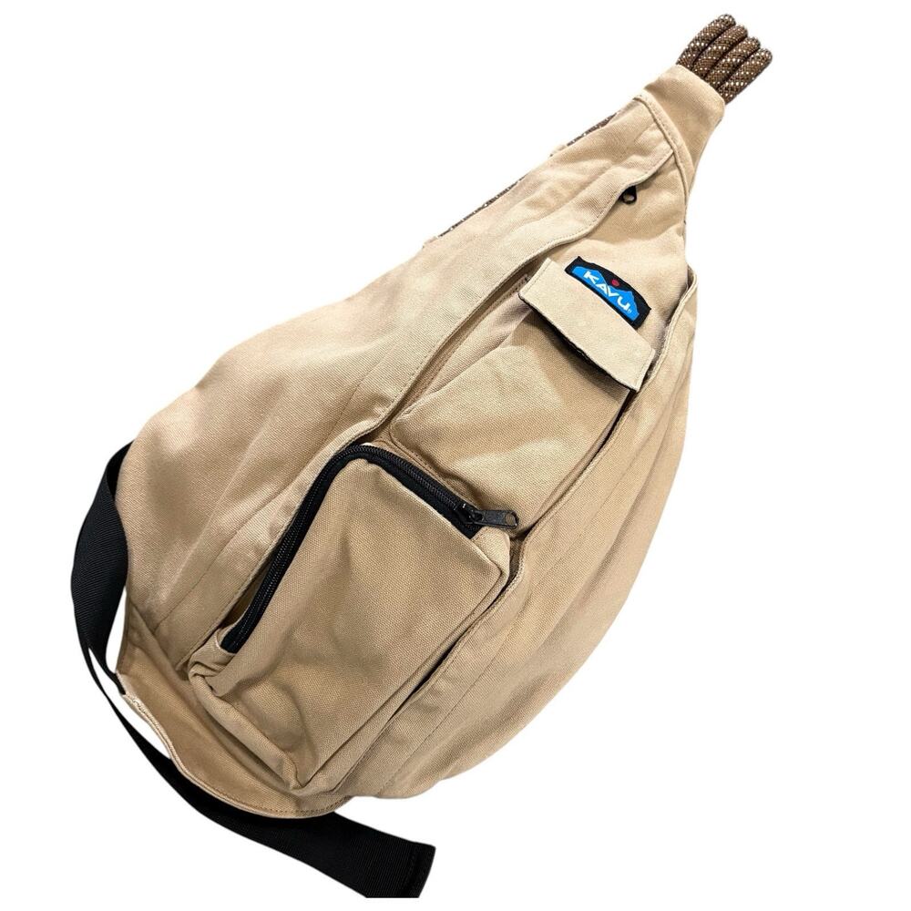KAVU Rope Sling Bag Camel Brown 100% Cotton Adjustable Pockets Outdoors